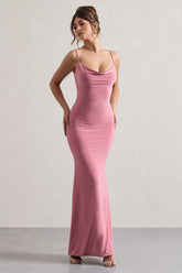 Blush Cowl Neck Backless Maxi Dress With Lace Insert